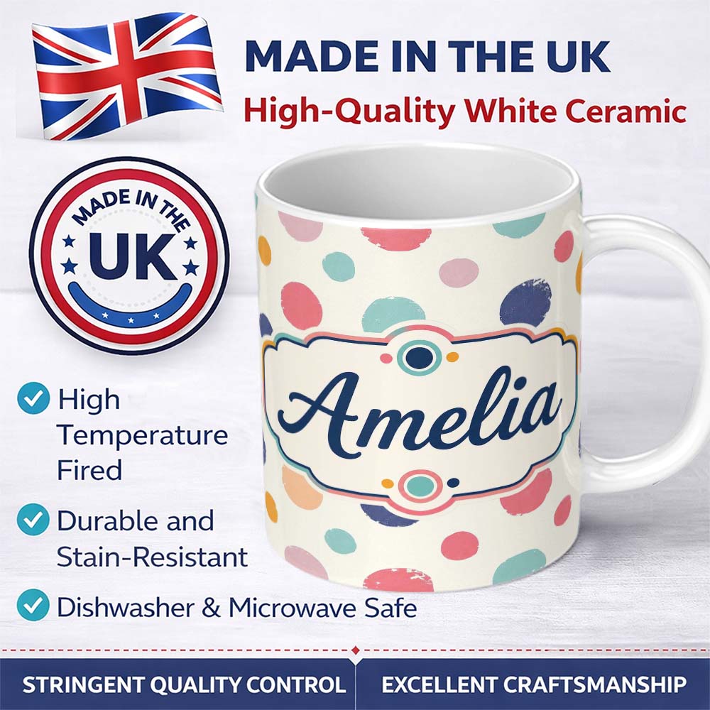 Personalized Custom Name Abstract Vintage Paint Dot Texture Pastel Circle Seamless Pattern 11oz Ceramic Coffee Tea Mug White Large Handle