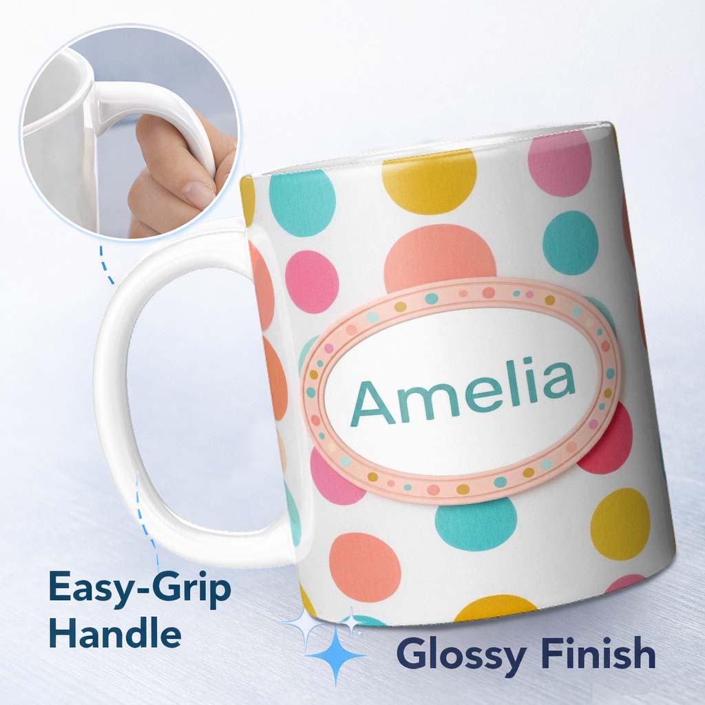 Personalized Custom Name Abstract Colorful Polka Dot Minimal Pastel Shapes Seamless Pattern 11oz Ceramic Coffee Tea Mug White Large Handle