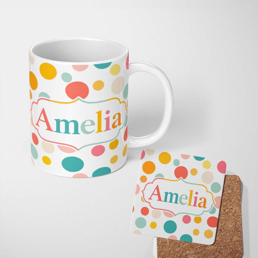 Personalized Custom Name Abstract Pastel Polka Dot Soft Colorful Minimal Seamless Pattern 11oz Ceramic Coffee Tea Mug White Large Handle