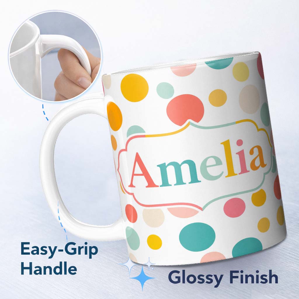 Personalized Custom Name Abstract Pastel Polka Dot Soft Colorful Minimal Seamless Pattern 11oz Ceramic Coffee Tea Mug White Large Handle