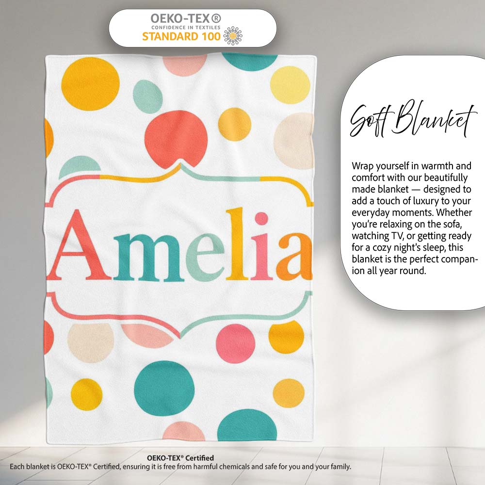 Abstract Pastel Polka Dot Soft Colorful Minimal Seamless Pattern Personalised Custom Name Super Soft Fleece Blanket Bed Sofa Throw