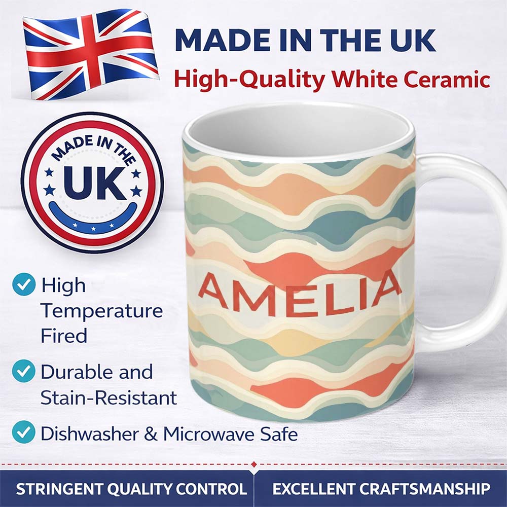 Personalized Custom Name Abstract Layered Wavy Lines Soft Pastel Flowing Seamless Pattern 11oz Ceramic Coffee Tea Mug White Large Handle