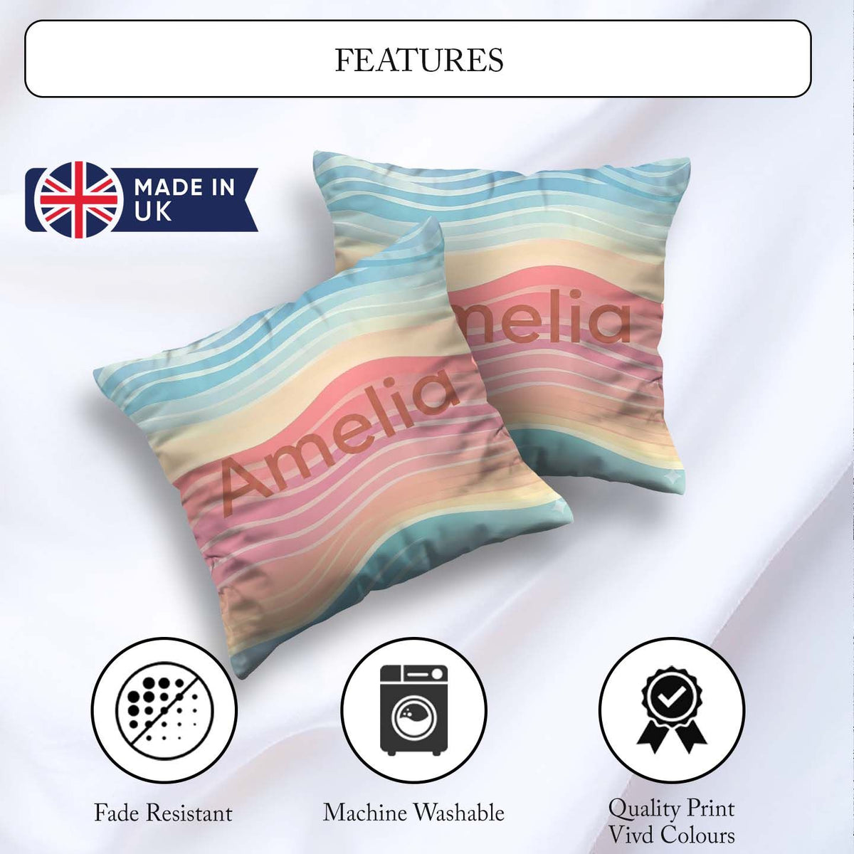 Custom Name Abstract Soft Gradient Wave Lines Flow Seamless Name Square Filled Cushion Throw Pillow Sofa Bed Home Decor Zip Washable UK Made