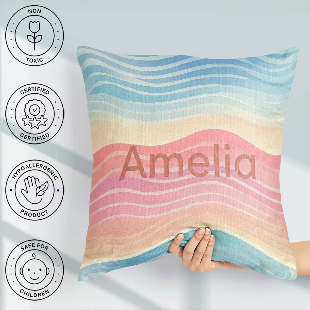 Custom Name Abstract Soft Gradient Wave Lines Flow Seamless Name Square Filled Cushion Throw Pillow Sofa Bed Home Decor Zip Washable UK Made