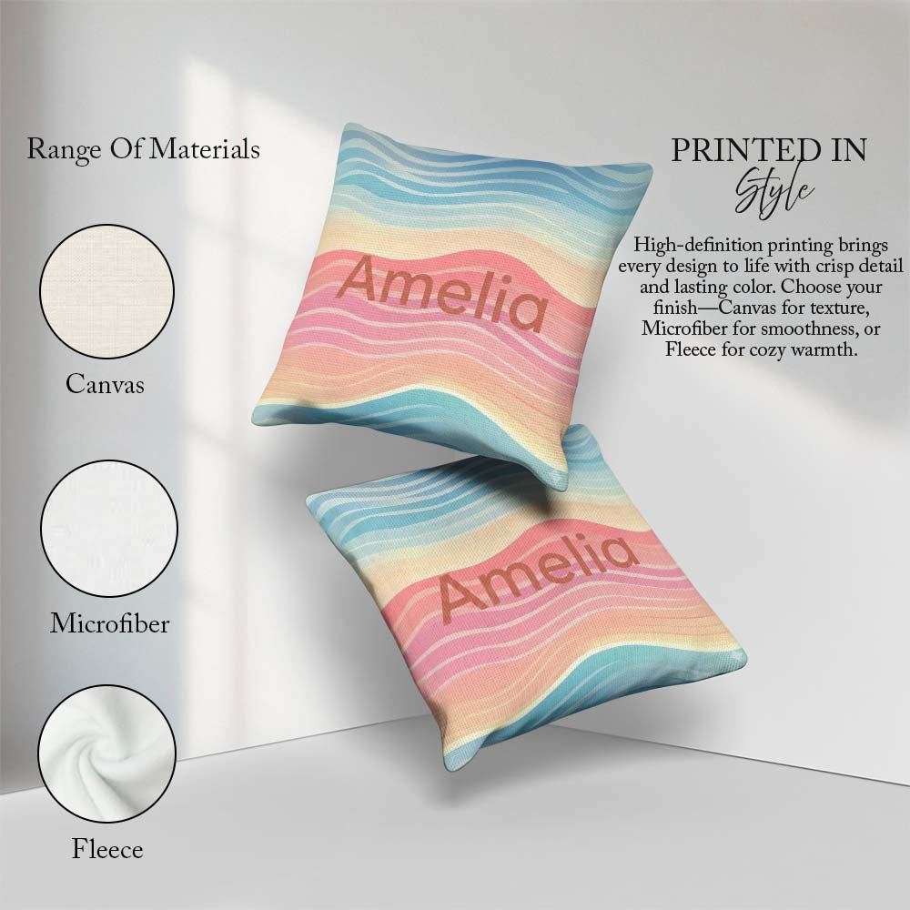 Custom Name Abstract Soft Gradient Wave Lines Flow Seamless Name Square Filled Cushion Throw Pillow Sofa Bed Home Decor Zip Washable UK Made