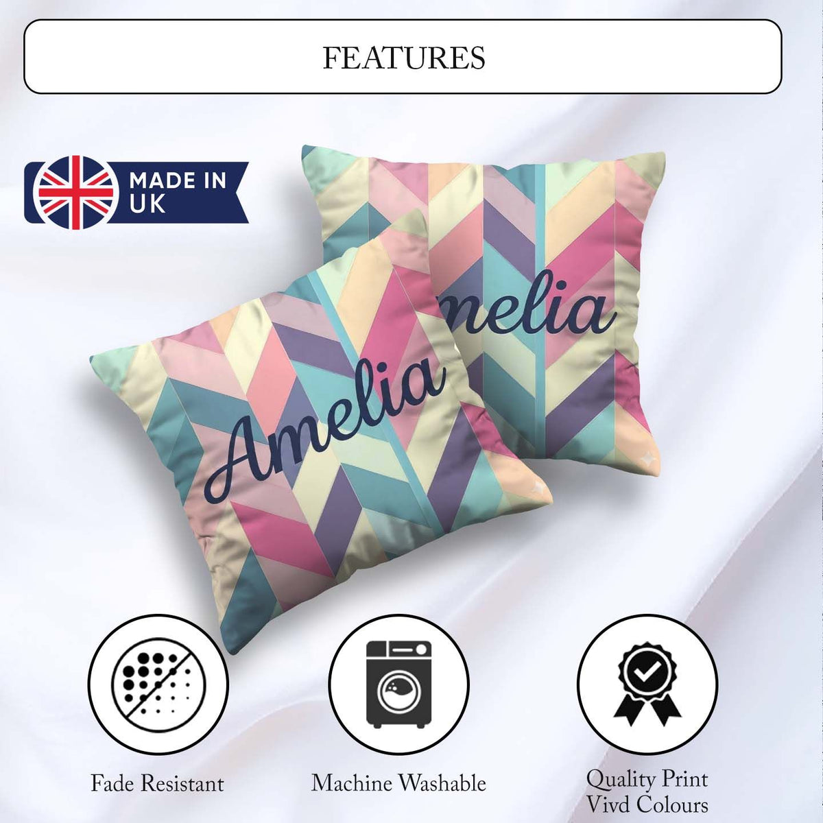 Custom Name Abstract Pastel Chevron Geometric Soft Angled Shapes Square Filled Cushion Throw Pillow Sofa Bed Home Decor Zip Washable UK Made