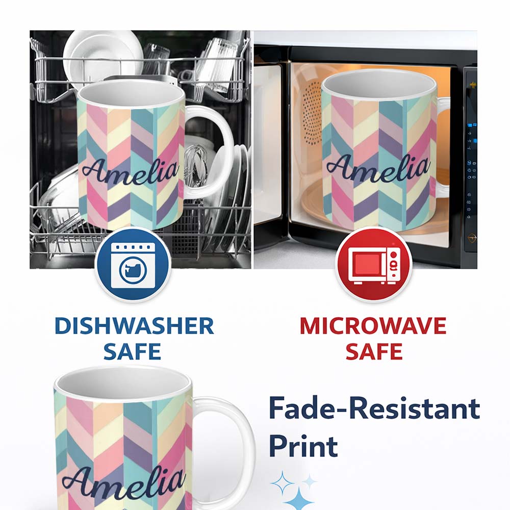 Personalized Custom Name Abstract Pastel Chevron Geometric Soft Angled Shapes Seamless 11oz Ceramic Coffee Tea Mug White Large Handle