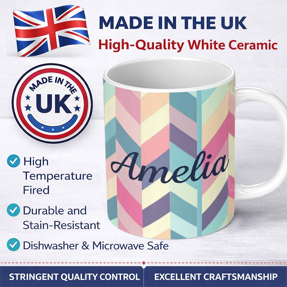 Personalized Custom Name Abstract Pastel Chevron Geometric Soft Angled Shapes Seamless 11oz Ceramic Coffee Tea Mug White Large Handle