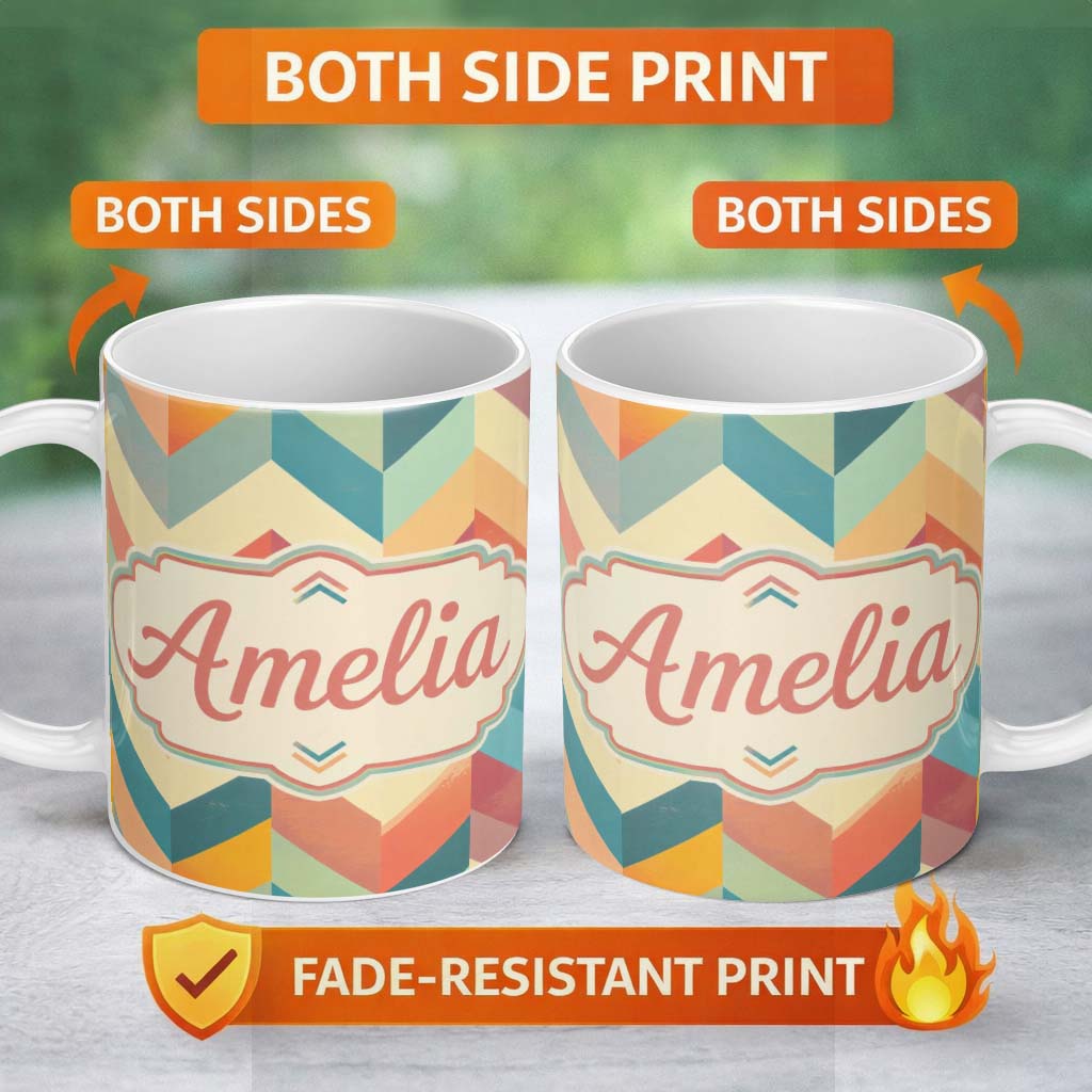 Personalized Custom Name Abstract Bold Chevron Pattern Colorful Zigzag Seamless Name Cute 11oz Ceramic Coffee Tea Mug White Large Handle
