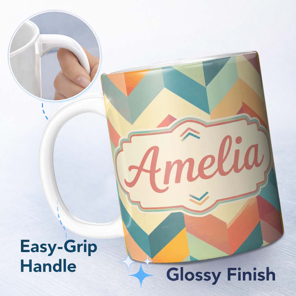Personalized Custom Name Abstract Bold Chevron Pattern Colorful Zigzag Seamless Name Cute 11oz Ceramic Coffee Tea Mug White Large Handle