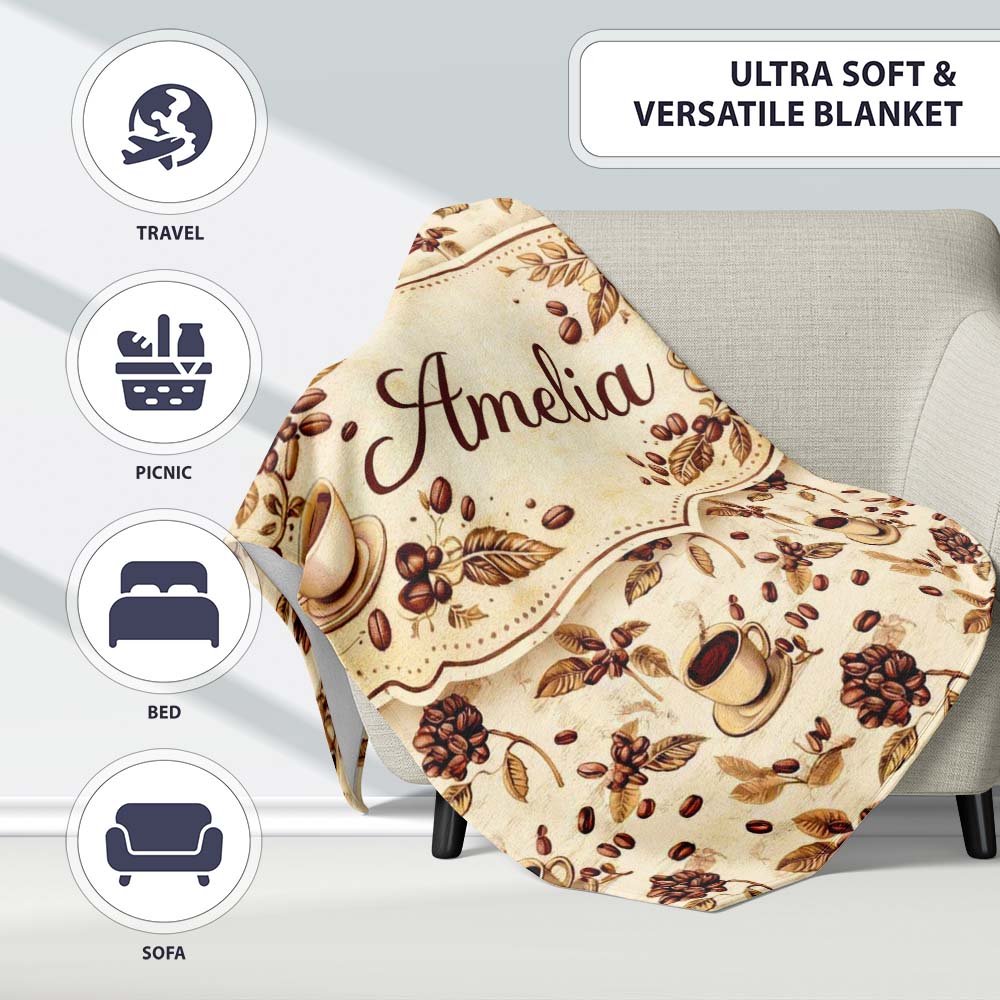 Coffee Cup Beans Botanical Vintage Seamless Pattern Cute Unique Gift Personalised Custom Name Super Soft Fleece Blanket Bed Sofa Throw