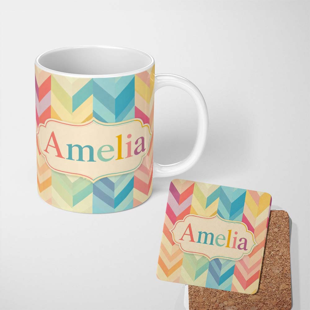 Personalized Custom Name Abstract Multicolor Chevron Stripe Soft Pastel Zigzag Seamless 11oz Ceramic Coffee Tea Mug White Large Handle