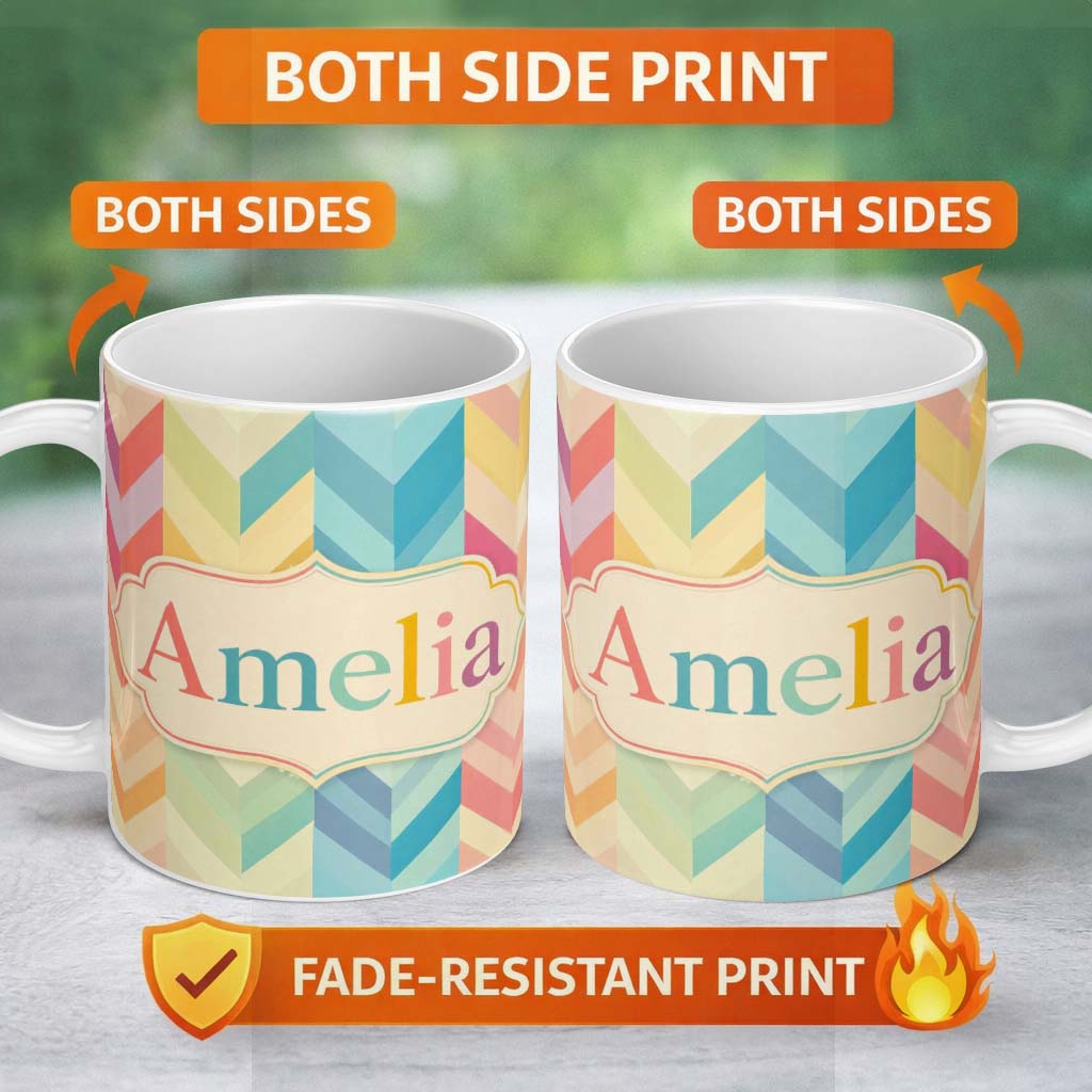 Personalized Custom Name Abstract Multicolor Chevron Stripe Soft Pastel Zigzag Seamless 11oz Ceramic Coffee Tea Mug White Large Handle