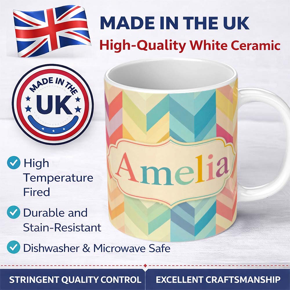 Personalized Custom Name Abstract Multicolor Chevron Stripe Soft Pastel Zigzag Seamless 11oz Ceramic Coffee Tea Mug White Large Handle