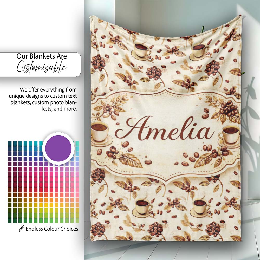 Coffee Cup Beans Botanical Vintage Seamless Pattern Cute Unique Gift Personalised Custom Name Super Soft Fleece Blanket Bed Sofa Throw