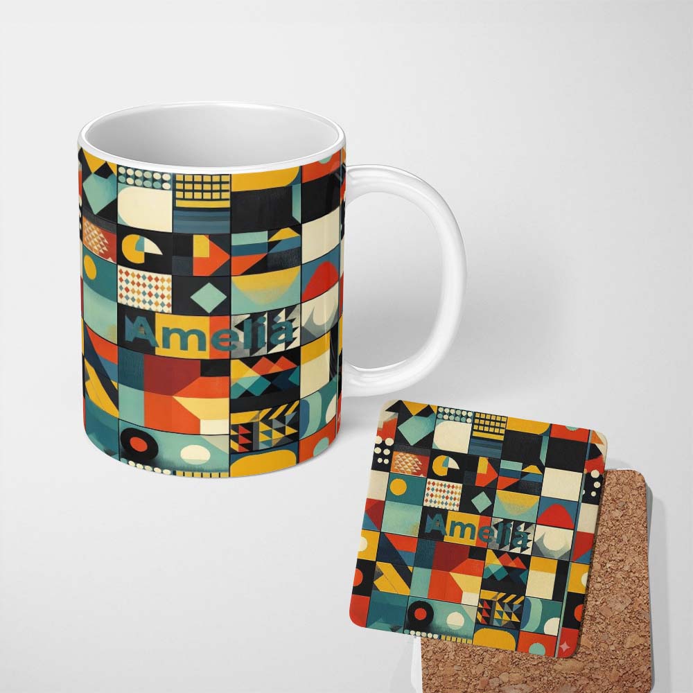 Personalized Custom Name Abstract Modern Bauhaus Geometric Grid Color Block Seamless Pattern 11oz Ceramic Coffee Tea Mug White Large Handle