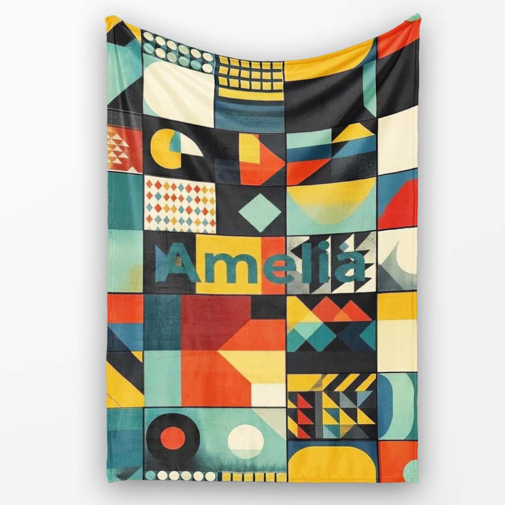 Abstract Modern Bauhaus Geometric Grid Color Block Seamless Pattern Personalised Custom Name Super Soft Fleece Blanket Bed Sofa Throw