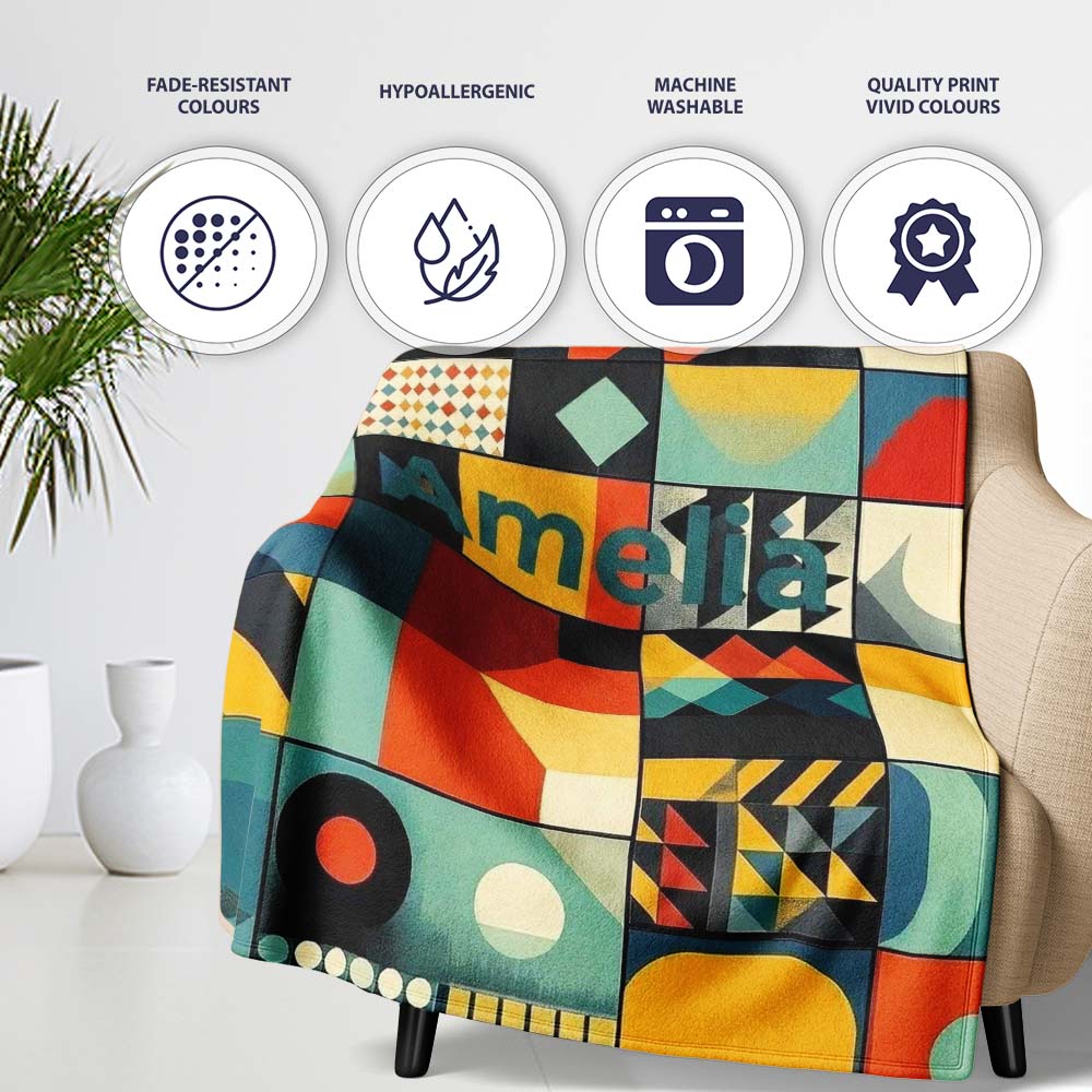 Abstract Modern Bauhaus Geometric Grid Color Block Seamless Pattern Personalised Custom Name Super Soft Fleece Blanket Bed Sofa Throw