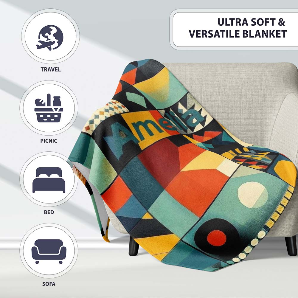 Abstract Modern Bauhaus Geometric Grid Color Block Seamless Pattern Personalised Custom Name Super Soft Fleece Blanket Bed Sofa Throw