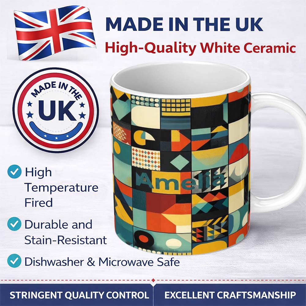 Personalized Custom Name Abstract Modern Bauhaus Geometric Grid Color Block Seamless Pattern 11oz Ceramic Coffee Tea Mug White Large Handle
