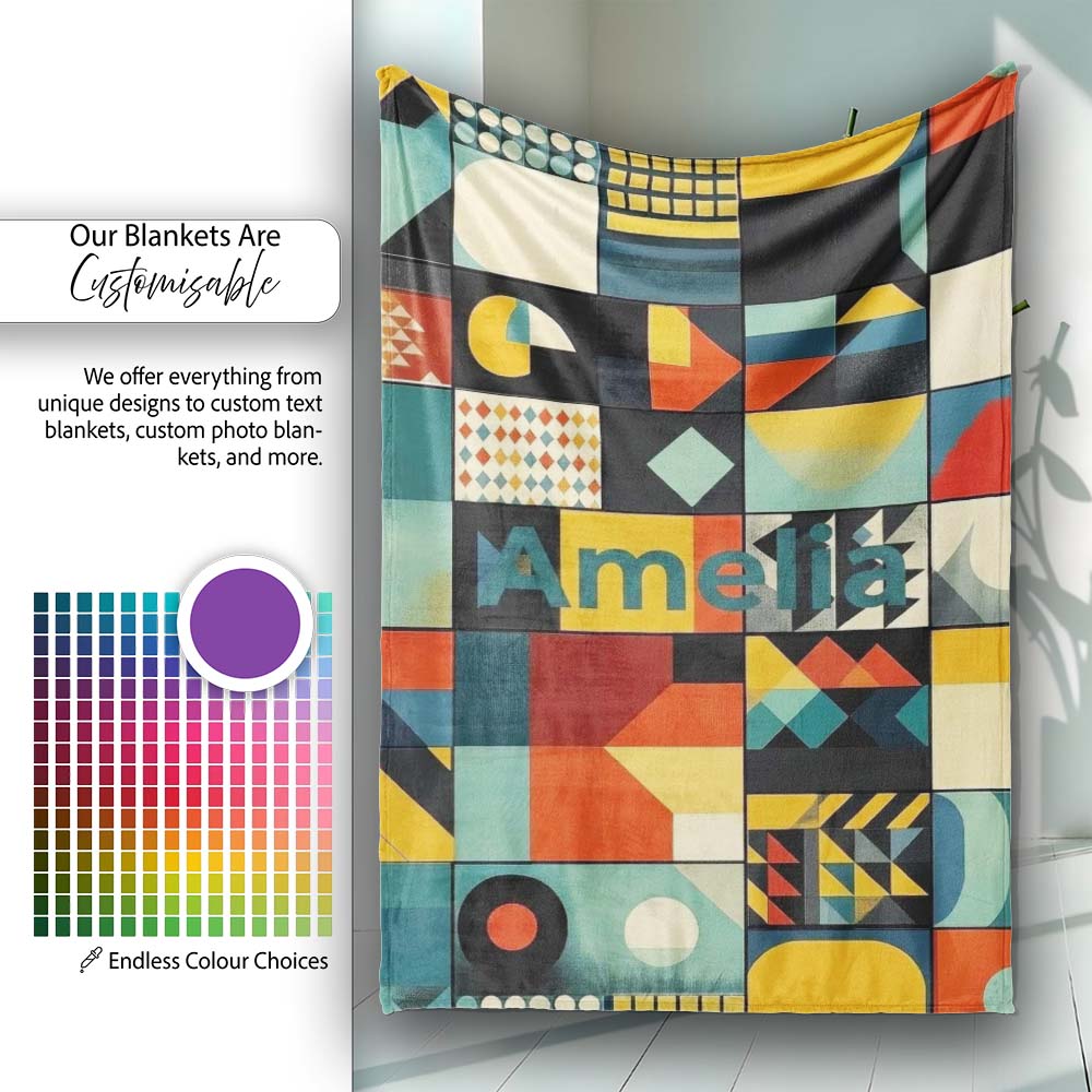 Abstract Modern Bauhaus Geometric Grid Color Block Seamless Pattern Personalised Custom Name Super Soft Fleece Blanket Bed Sofa Throw
