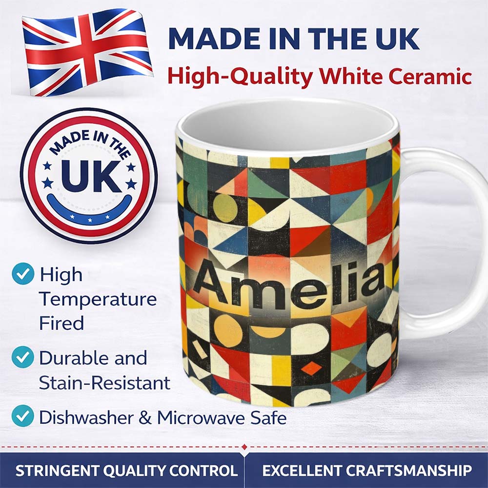 Personalized Custom Name Abstract Geometric Patchwork Shapes Vintage Texture Seamless 11oz Ceramic Coffee Tea Mug White Large Handle