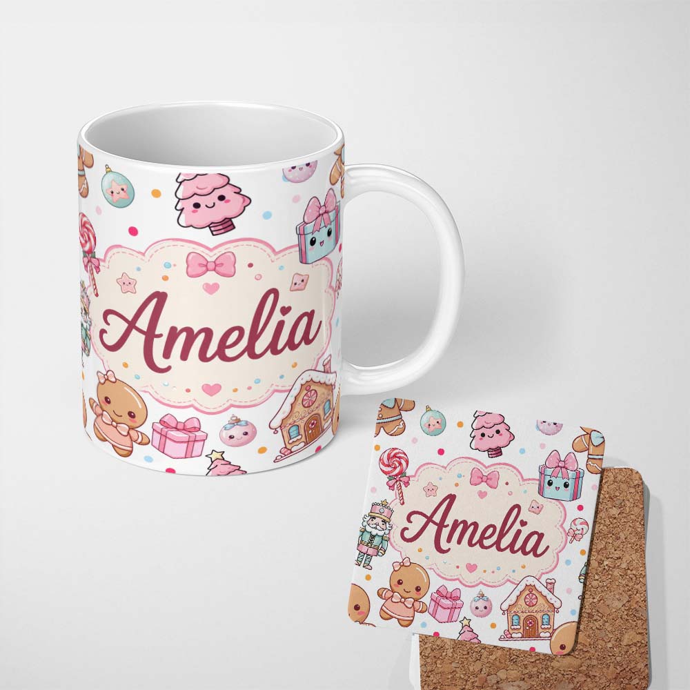 Personalized Custom Name Cute Christmas Gingerbread Candy Gift House Seamless Pattern Grey 11oz Ceramic Coffee Tea Mug White Large Handle