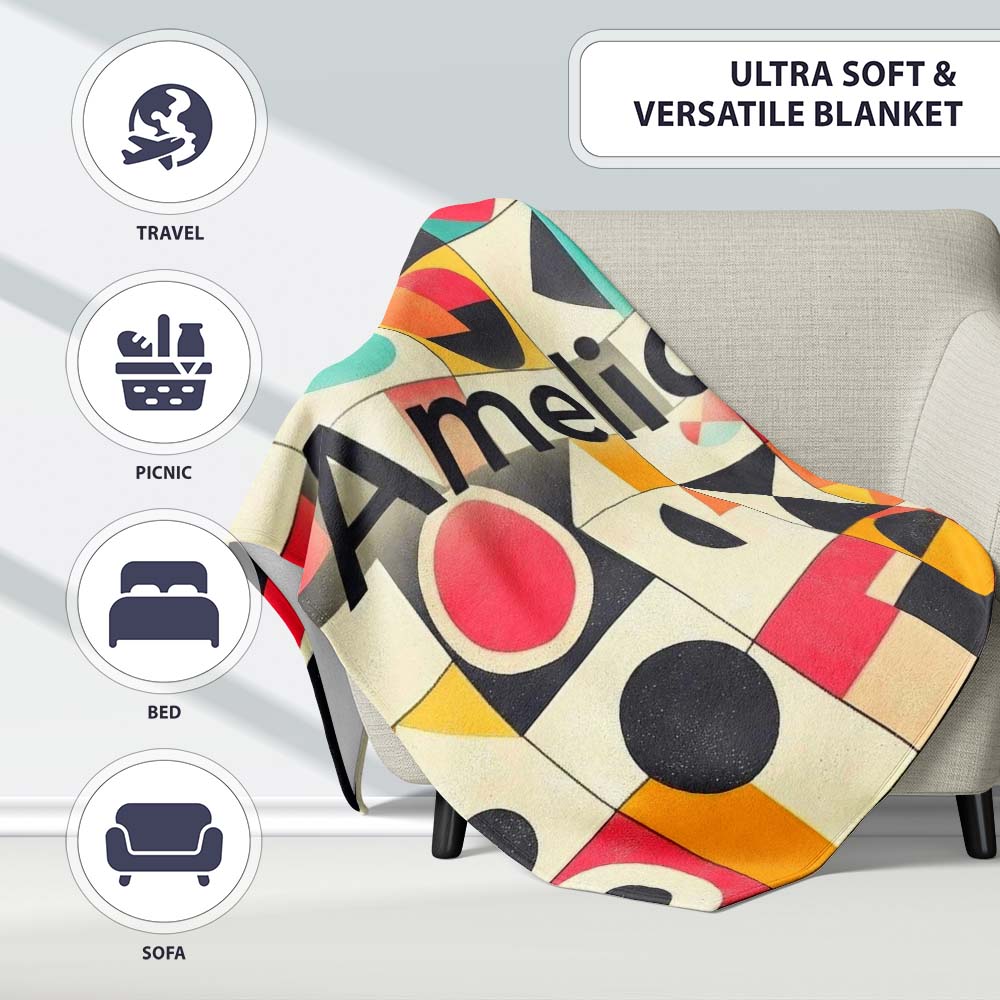Abstract Bauhaus Geometric Color Block Grid Seamless Pattern Name Personalised Custom Name Super Soft Fleece Blanket Bed Sofa Throw