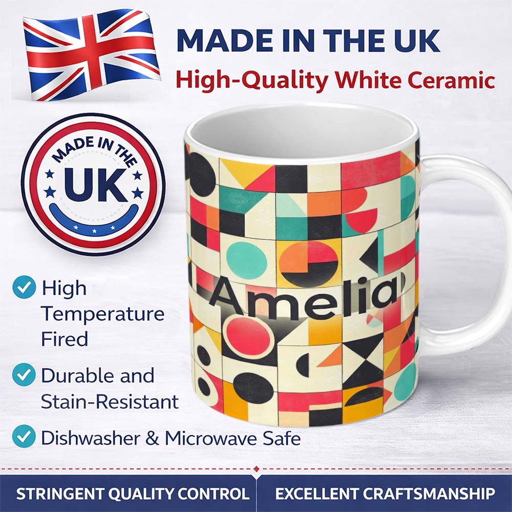 Personalized Custom Name Abstract Bauhaus Geometric Color Block Grid Seamless Pattern Name 11oz Ceramic Coffee Tea Mug White Large Handle
