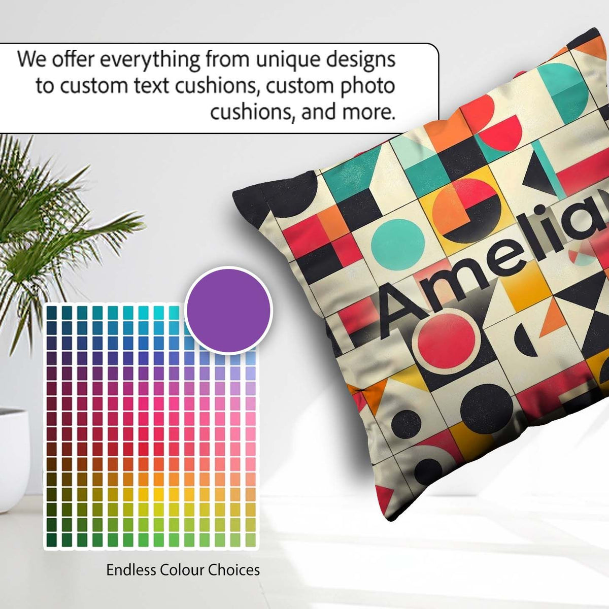Custom Name Abstract Bauhaus Geometric Color Block Grid Seamless Square Filled Cushion Throw Pillow Sofa Bed Home Decor Zip Washable UK Made
