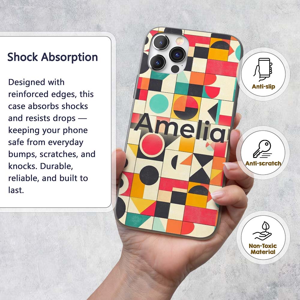 Abstract Bauhaus Geometric Color Printed Design Custom Name Protective Phone Case Mobile Cover Durable Everyday Smartphone Shock Resistant