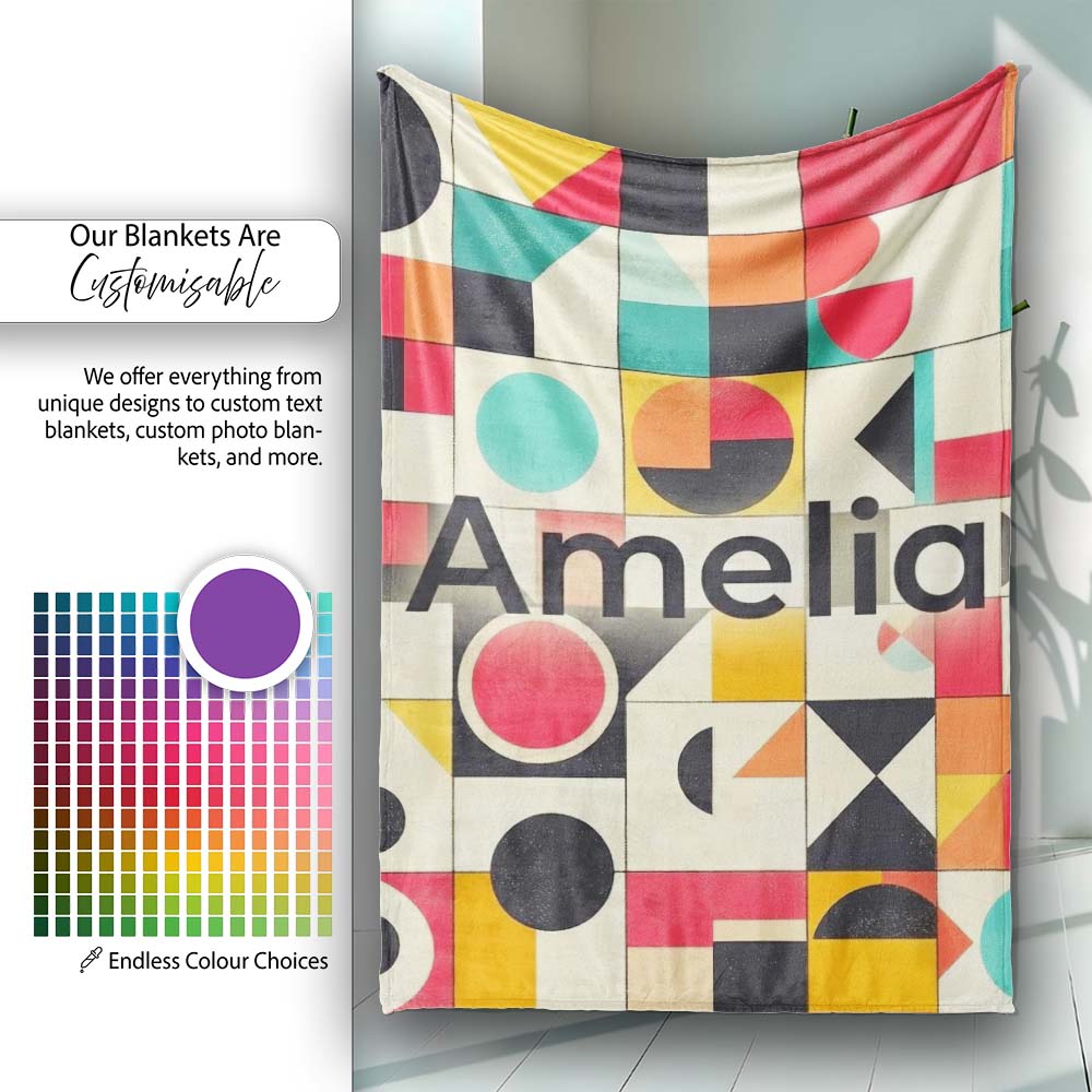 Abstract Bauhaus Geometric Color Block Grid Seamless Pattern Name Personalised Custom Name Super Soft Fleece Blanket Bed Sofa Throw