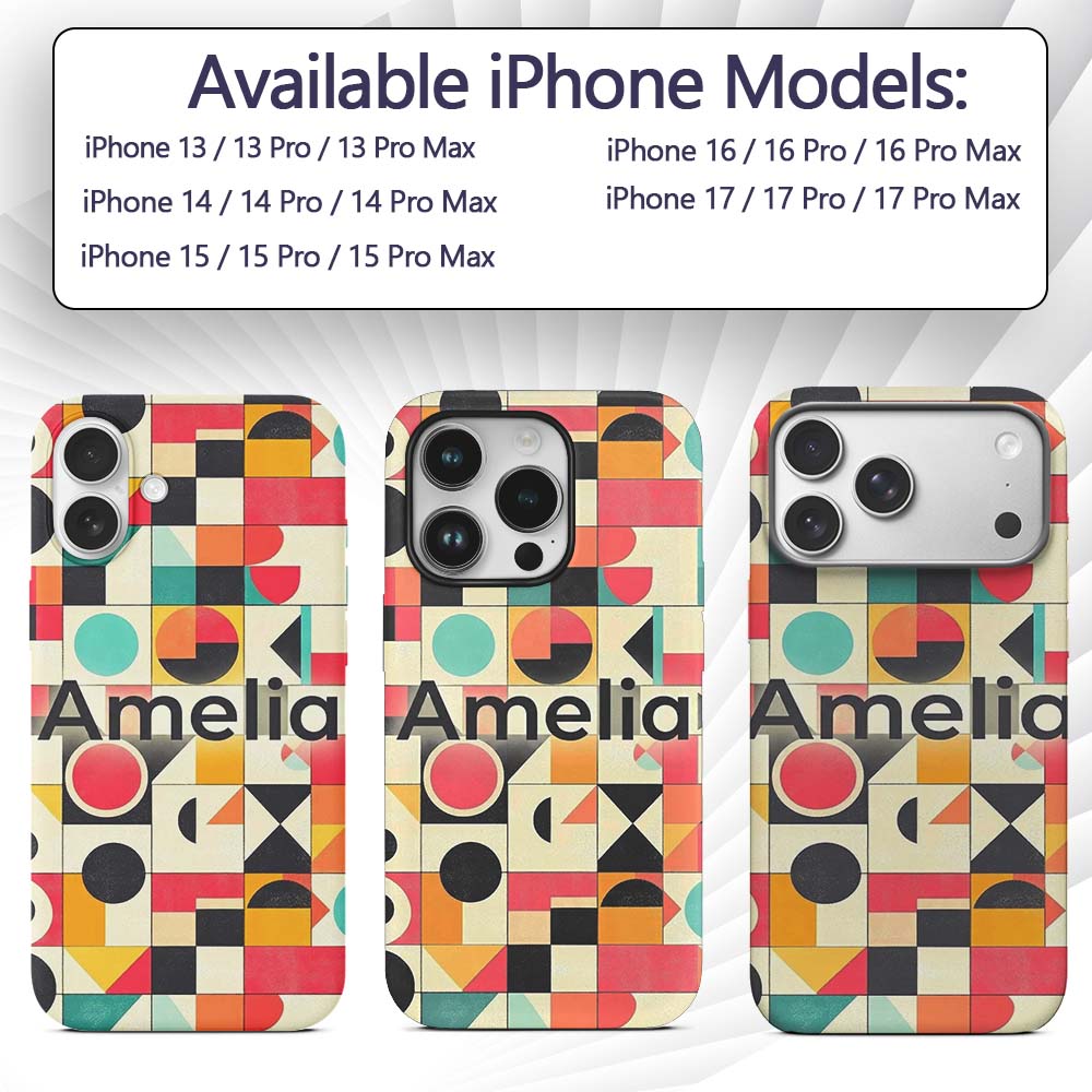 Abstract Bauhaus Geometric Color Printed Design Custom Name Protective Phone Case Mobile Cover Durable Everyday Smartphone Shock Resistant