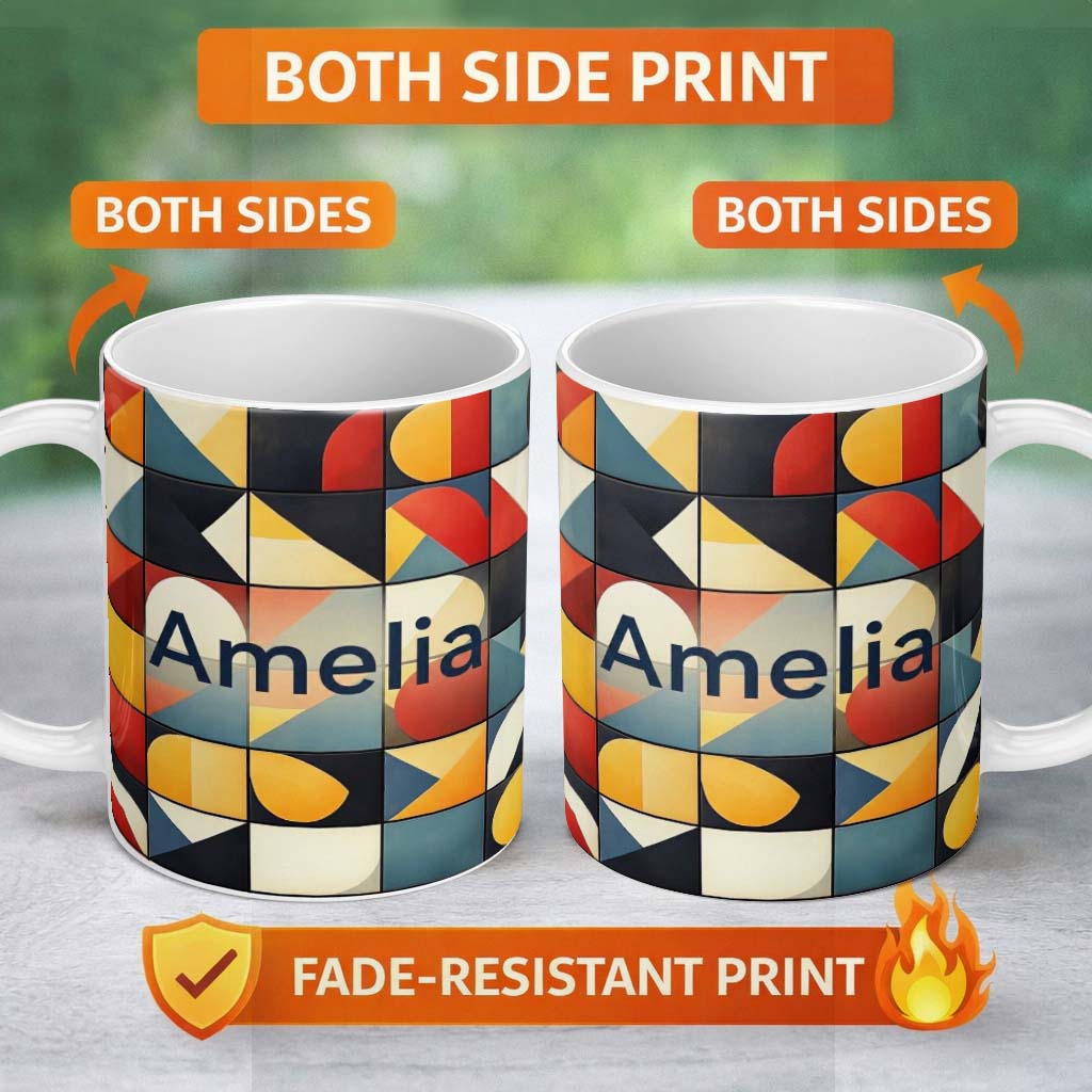 Personalized Custom Name Abstract Bold Geometric Shapes Mid Century Modern Seamless Pattern 11oz Ceramic Coffee Tea Mug White Large Handle