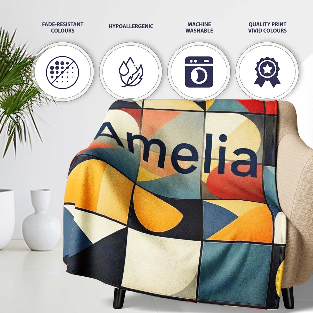 Abstract Bold Geometric Shapes Mid Century Modern Seamless Pattern Personalised Custom Name Super Soft Fleece Blanket Bed Sofa Throw
