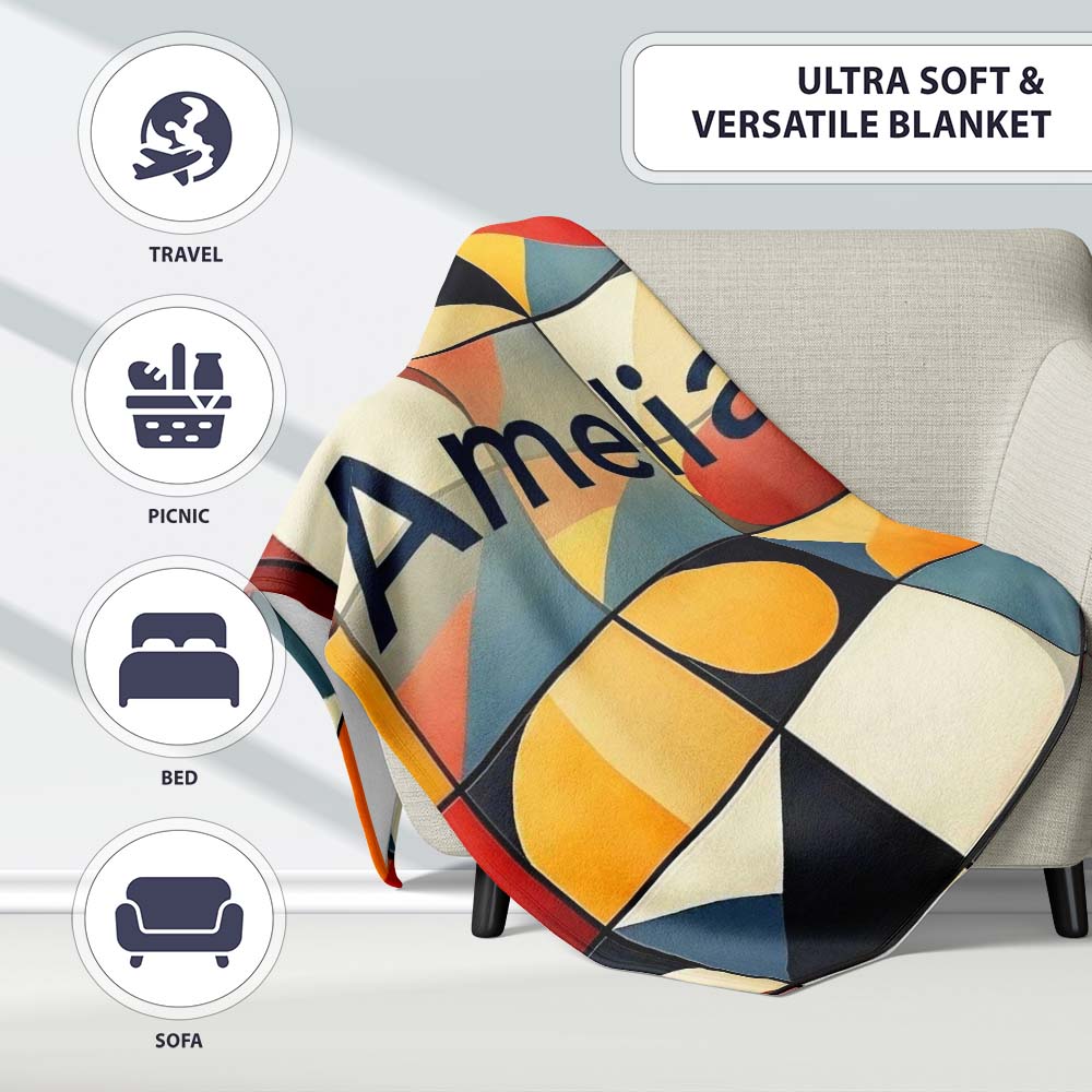 Abstract Bold Geometric Shapes Mid Century Modern Seamless Pattern Personalised Custom Name Super Soft Fleece Blanket Bed Sofa Throw