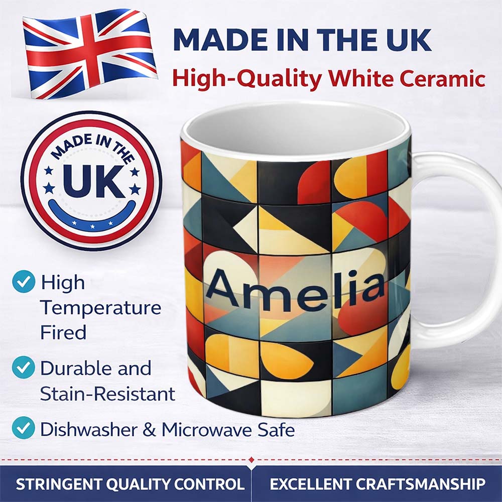 Personalized Custom Name Abstract Bold Geometric Shapes Mid Century Modern Seamless Pattern 11oz Ceramic Coffee Tea Mug White Large Handle