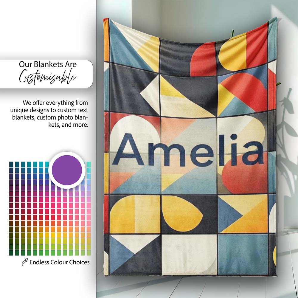 Abstract Bold Geometric Shapes Mid Century Modern Seamless Pattern Personalised Custom Name Super Soft Fleece Blanket Bed Sofa Throw