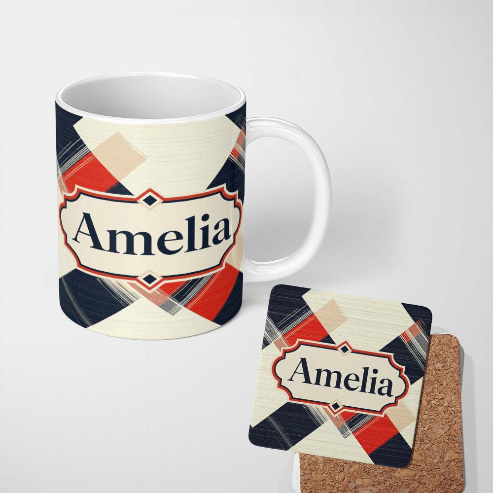 Personalized Custom Name Abstract Inspired Patchwork Stripes Modern Seamless Pattern Name 11oz Ceramic Coffee Tea Mug White Large Handle