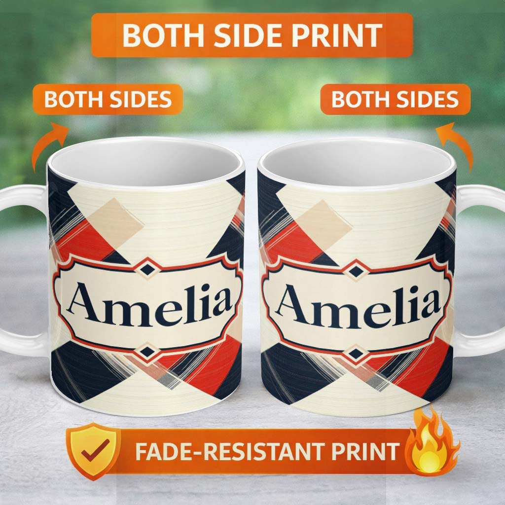 Personalized Custom Name Abstract Inspired Patchwork Stripes Modern Seamless Pattern Name 11oz Ceramic Coffee Tea Mug White Large Handle