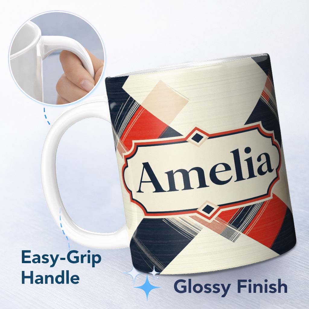 Personalized Custom Name Abstract Inspired Patchwork Stripes Modern Seamless Pattern Name 11oz Ceramic Coffee Tea Mug White Large Handle