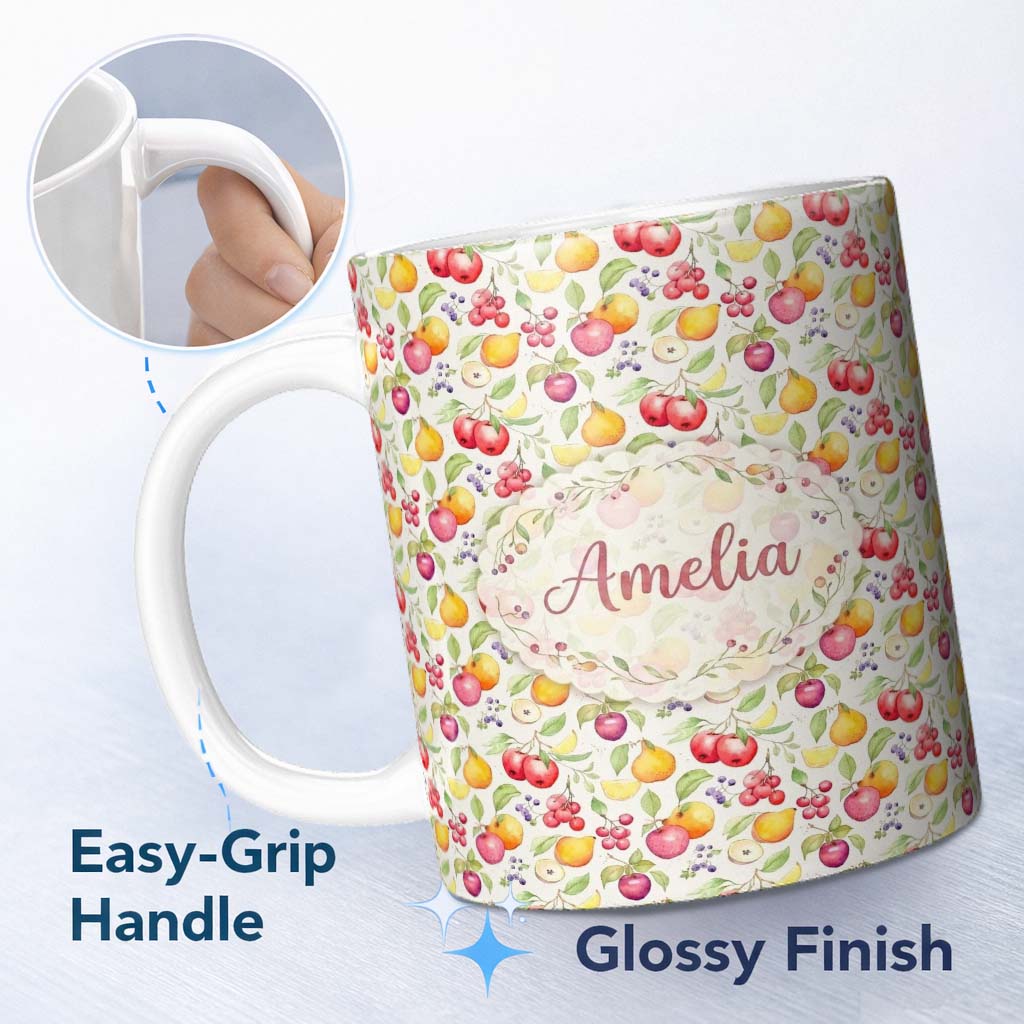 Personalized Custom Name Fresh Apple Pear and Cherry Watercolor Seamless Pattern Lovely 11oz Ceramic Coffee Tea Mug White Large Handle