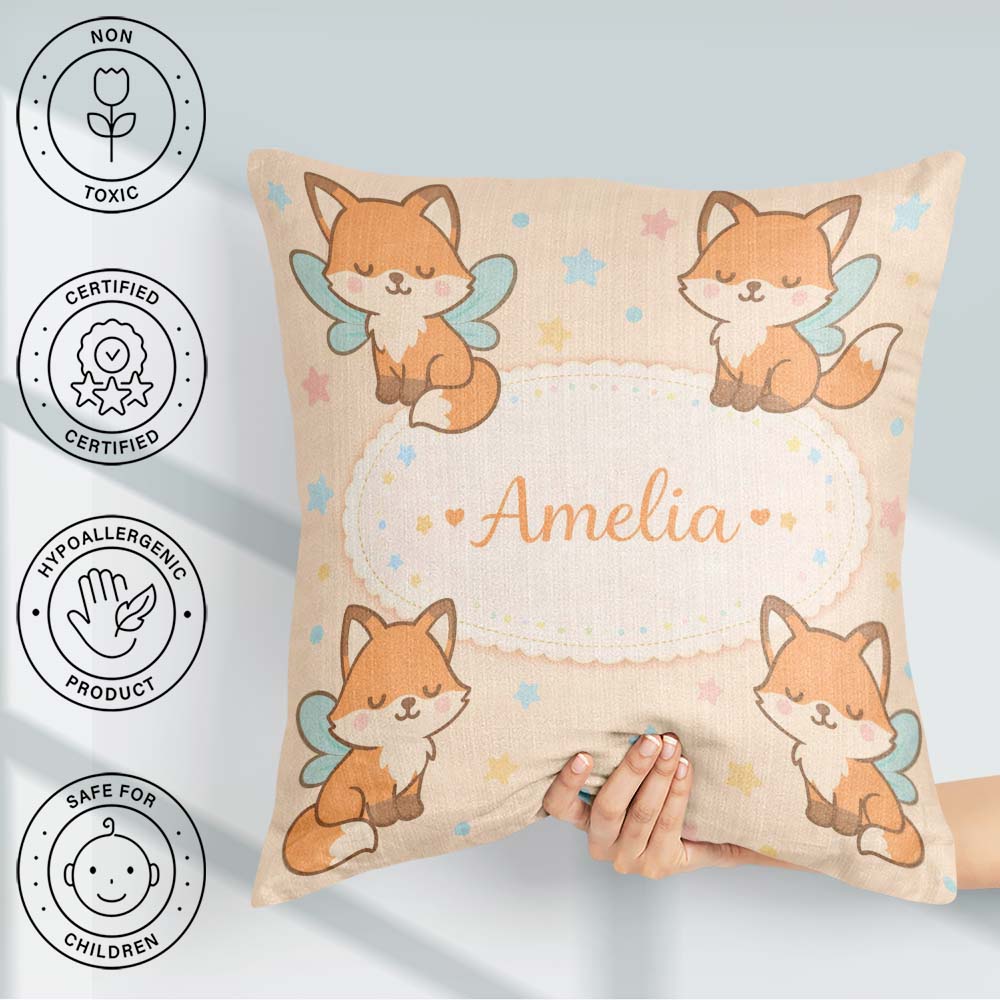 Custom Name Cute Fairy Fox Cartoon Animal Pattern Cute Unique Square Filled Cushion Throw Pillow Sofa Bed Home Decor Zip Washable UK Made