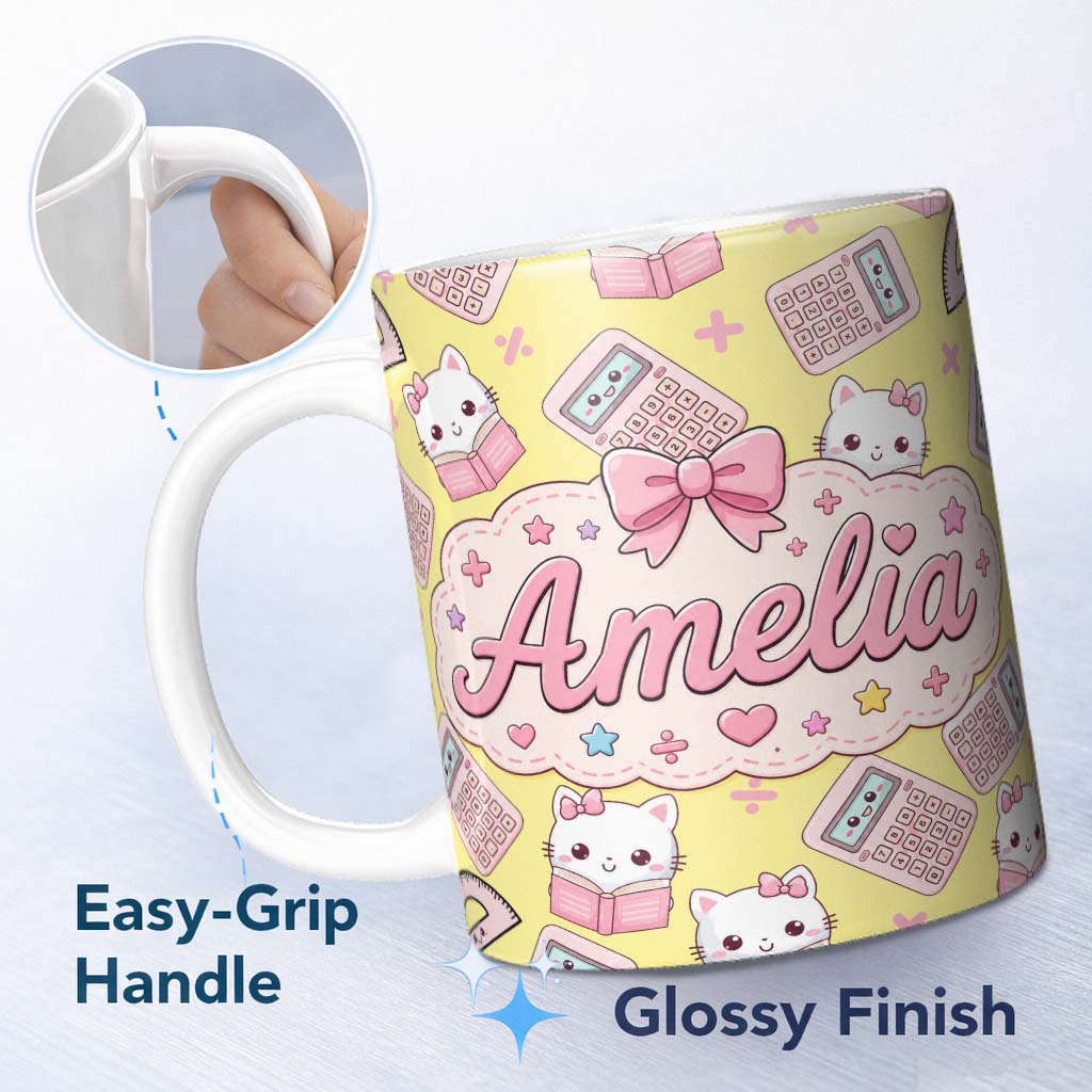 Personalized Custom Name Cute Kawaii Maths Cat Calculator Ruler Seamless Pattern Yellow 11oz Ceramic Coffee Tea Mug White Large Handle