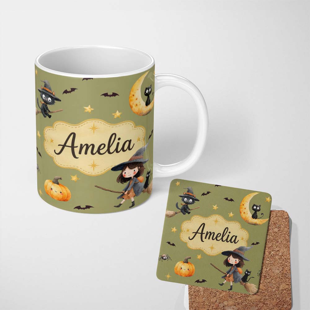 Personalized Custom Name Halloween Witch Girl Flying with Cat, Bats, Stars Olive Green Lovely 11oz Ceramic Coffee Tea Mug White Large Handle