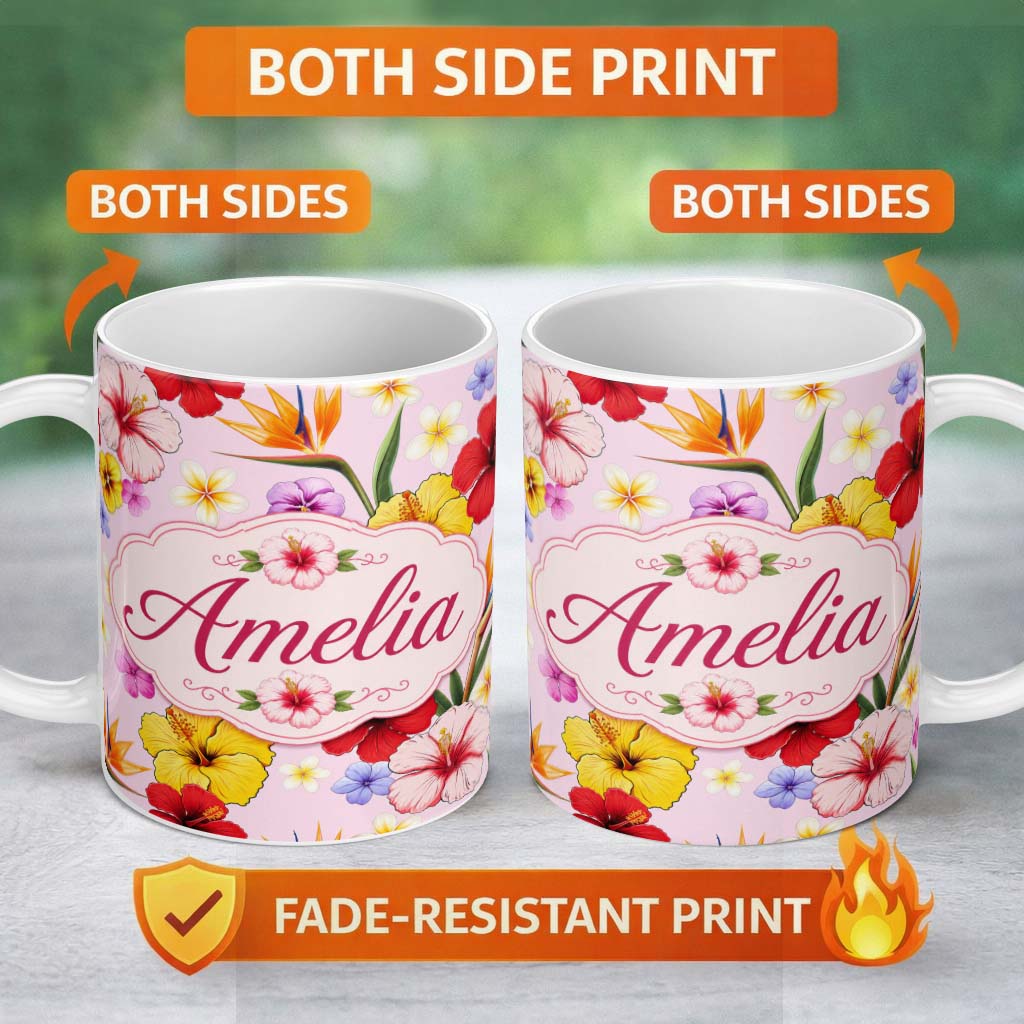 Personalized Custom Name Tropical Hibiscus Bird of Paradise Seamless Pattern Pink Background 11oz Ceramic Coffee Tea Mug White Large Handle