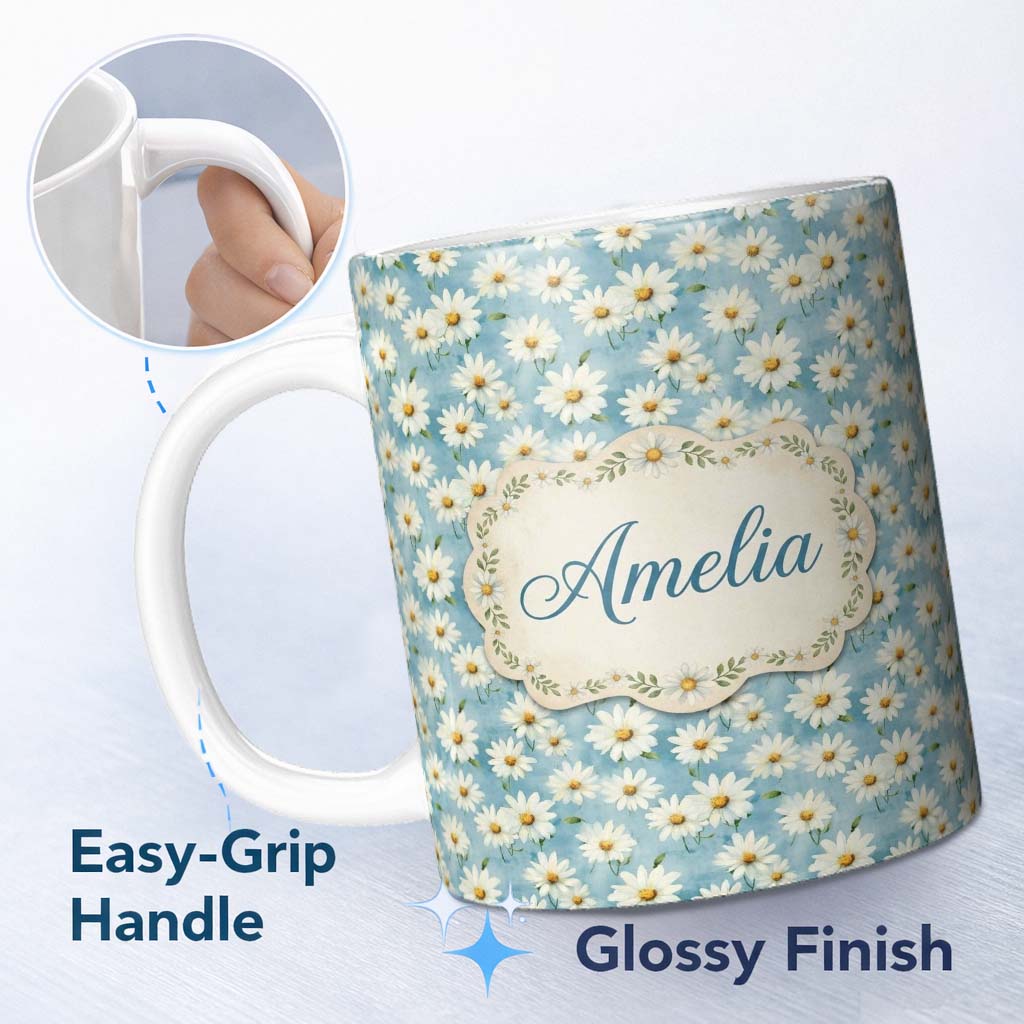 Personalized Custom Name Light Blue Watercolor Daisy Scatter Seamless Pattern Lovely 11oz Ceramic Coffee Tea Mug White Large Handle