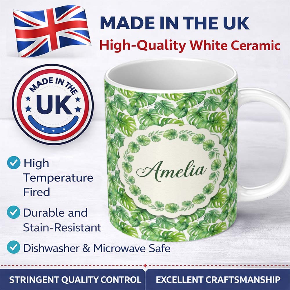 Personalized Custom Name Green Tropical Monstera Leaves on White Background Seamless Pattern 11oz Ceramic Coffee Tea Mug White Large Handle