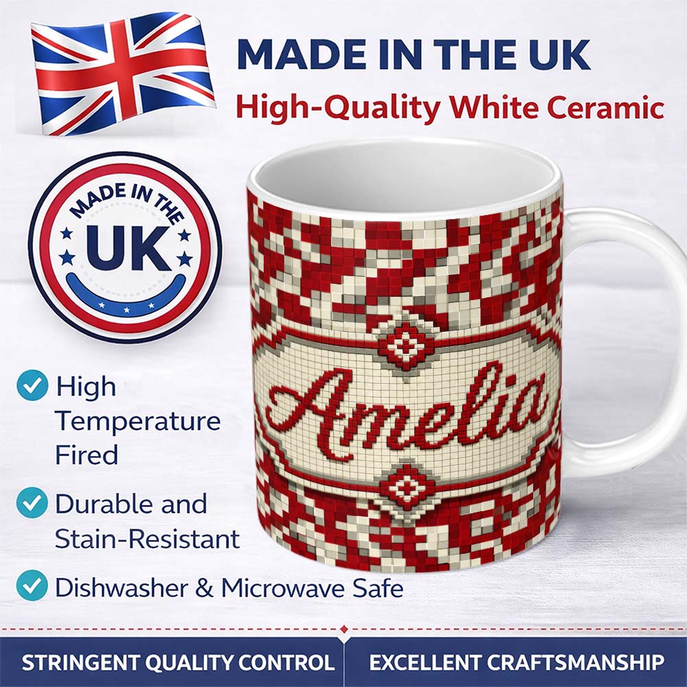 Personalized Custom Name Red White Pixel Geometric Abstract Seamless Pattern Cute Unique Gift 11oz Ceramic Coffee Tea Mug White Large Handle