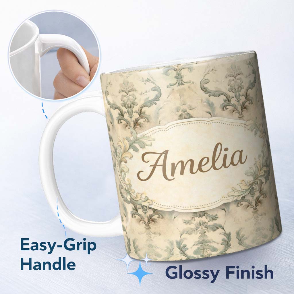 Personalized Custom Name Antique Beige Floral Damask Seamless Pattern Vintage Classic Lovely 11oz Ceramic Coffee Tea Mug White Large Handle